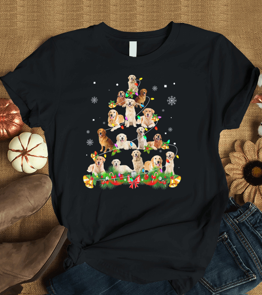 Funny Christmas Tree Golden Retrievers with Lights and Snowflakes T-Shirt