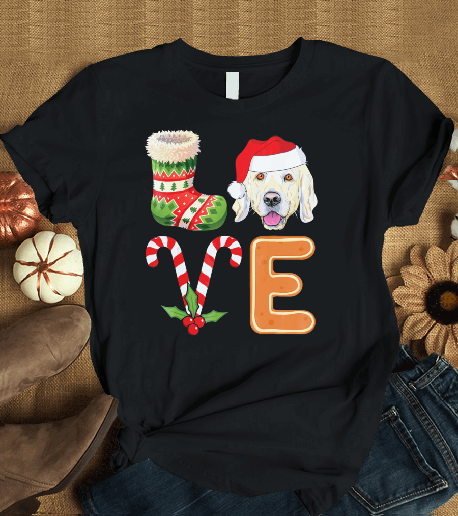 Golden Retriever Lover Xmas Stocking Candy Cane Gingerbread Letter E Christmas Santa Hat T-Shirt