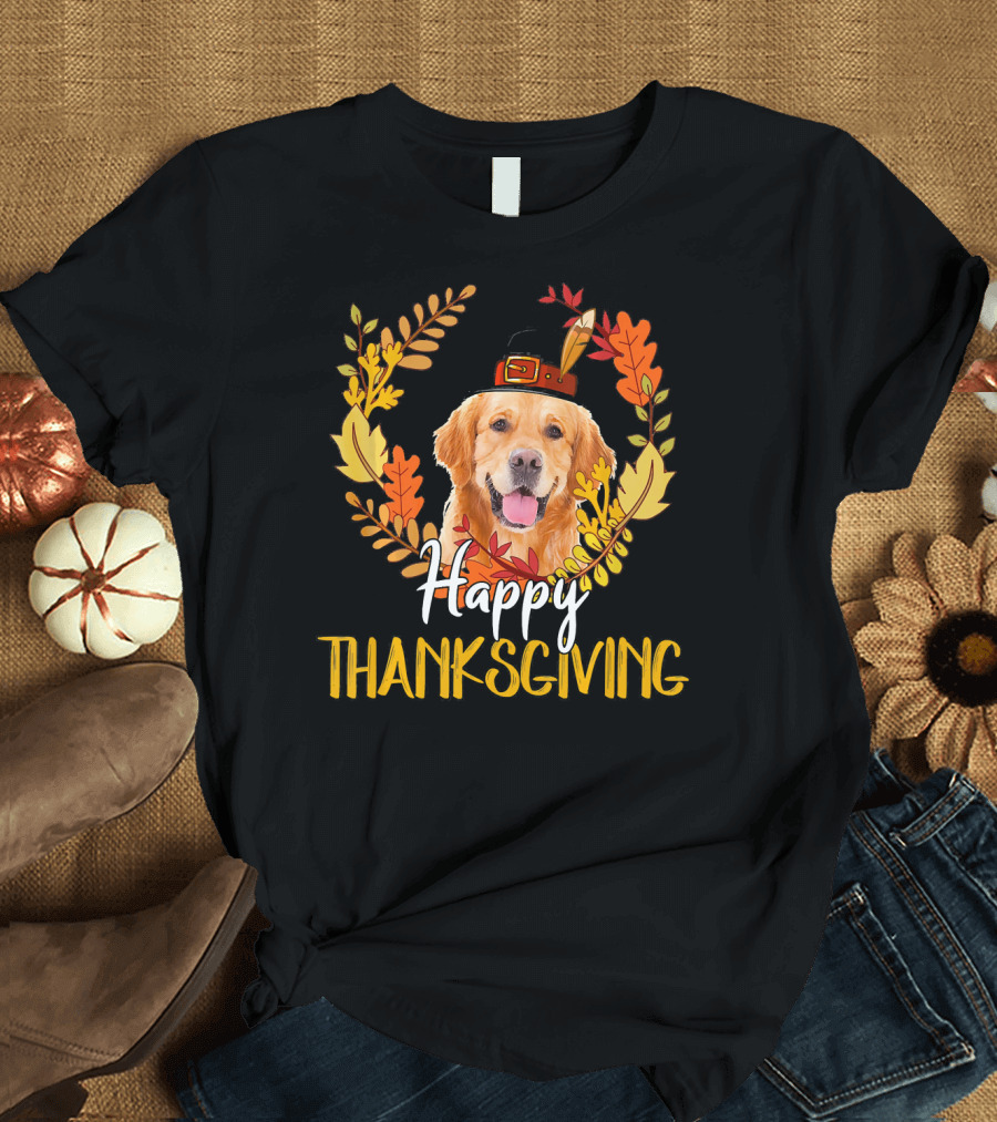 Happy Thanksgiving Golden Retriever Wreath T-Shirt