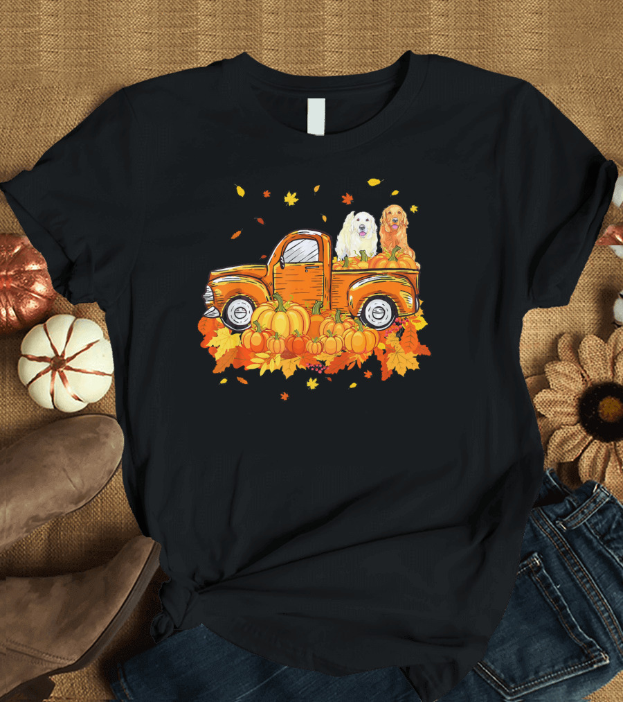 Golden Retriever Sitting in Pumpkin-Filled Vintage Truck with Fall Leaves T-Shirt
