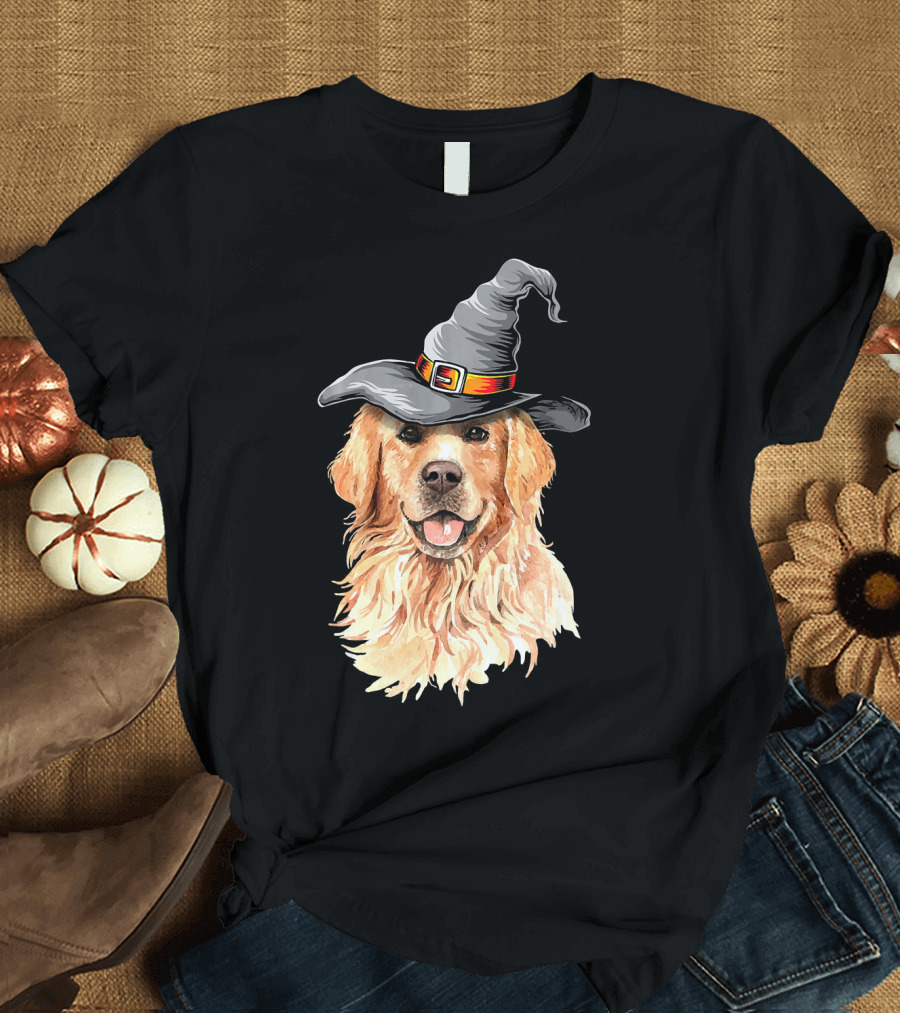 Golden Retriever in Witch Hat Halloween T-Shirt