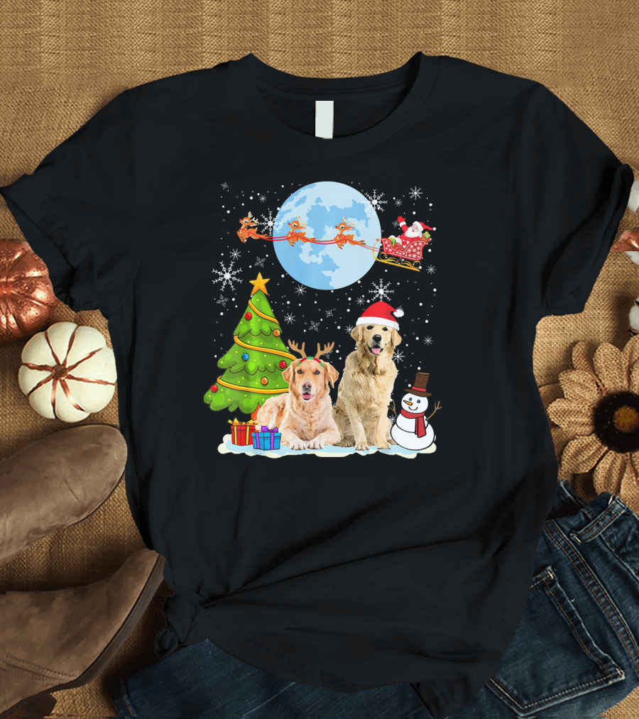 Golden Retriever Christmas Moon with Santa Sleigh and Snowman T-Shirt