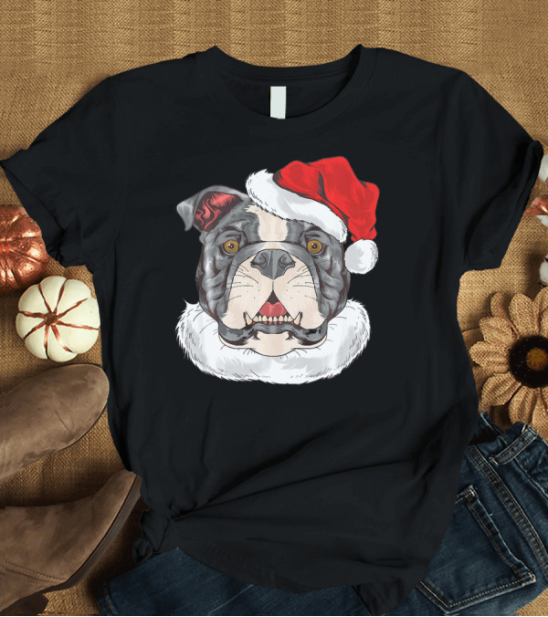 T-Shirt: Bulldog Pit Bull with Santa Claus Hat T-Shirt Bulldog Pit Bull with Santa Claus Hat T-Shirt