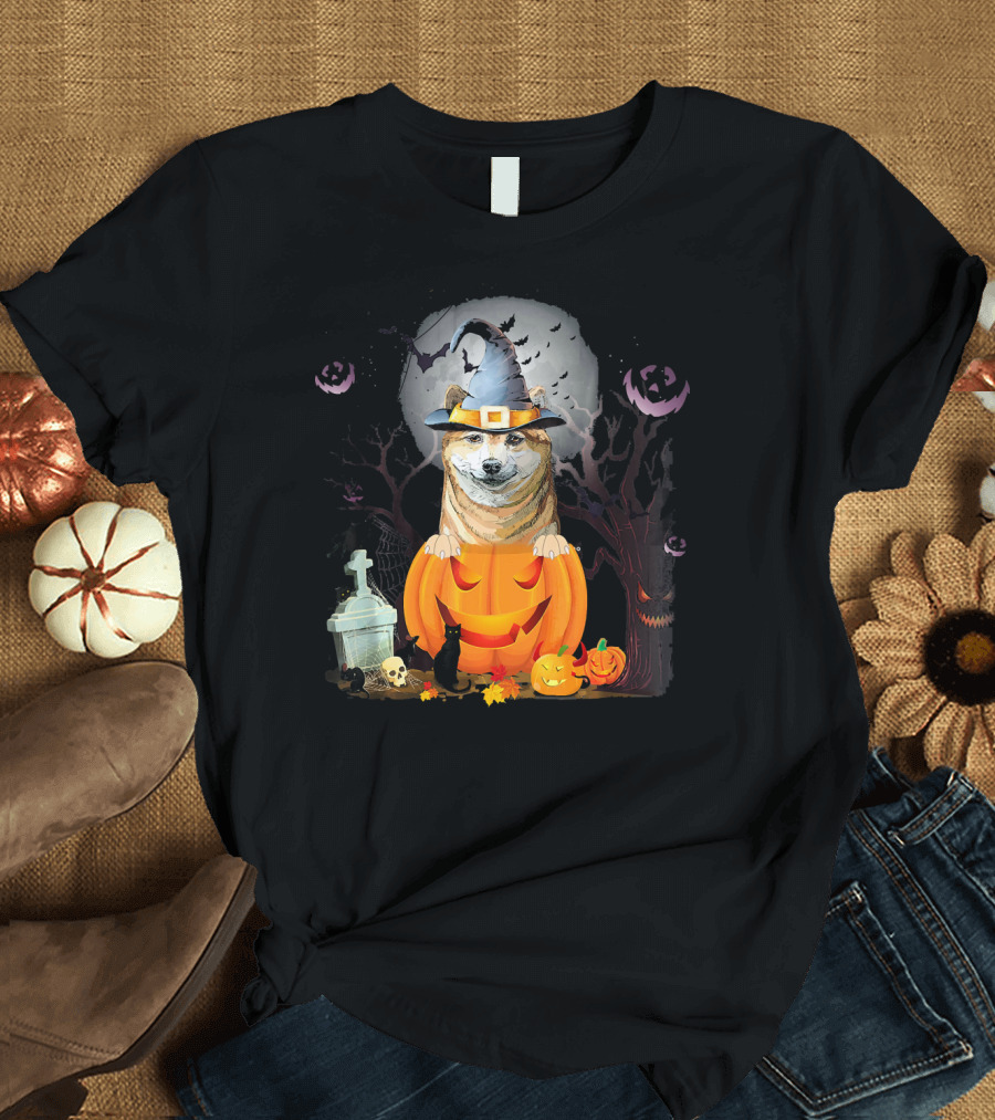 Akita Inu Dog in Pumpkin with Witch Hat and Halloween Scene T-Shirt