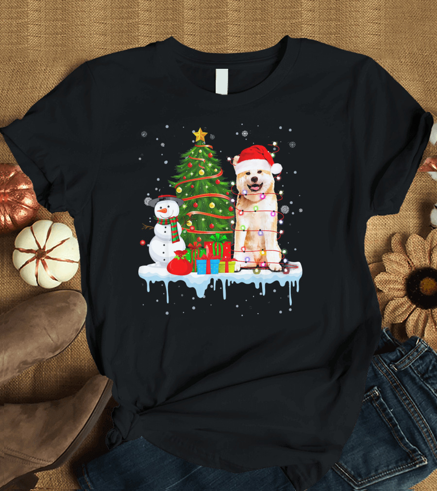 Akita Inu Santa Hat Wrapped in Christmas Lights with Tree Snowman and Gifts T-Shirt