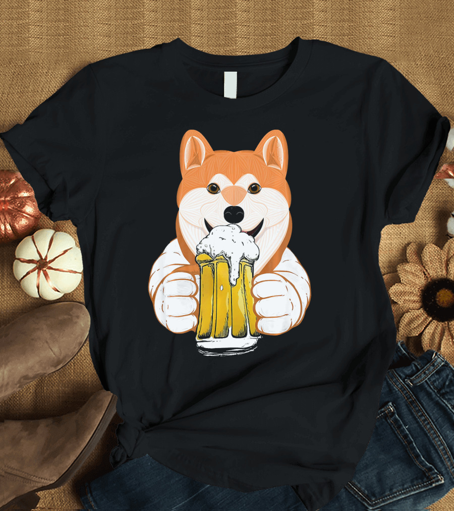 Funny Beer Drink Beer Pet My Aki Dog Holding Beer Mug T-Shirt