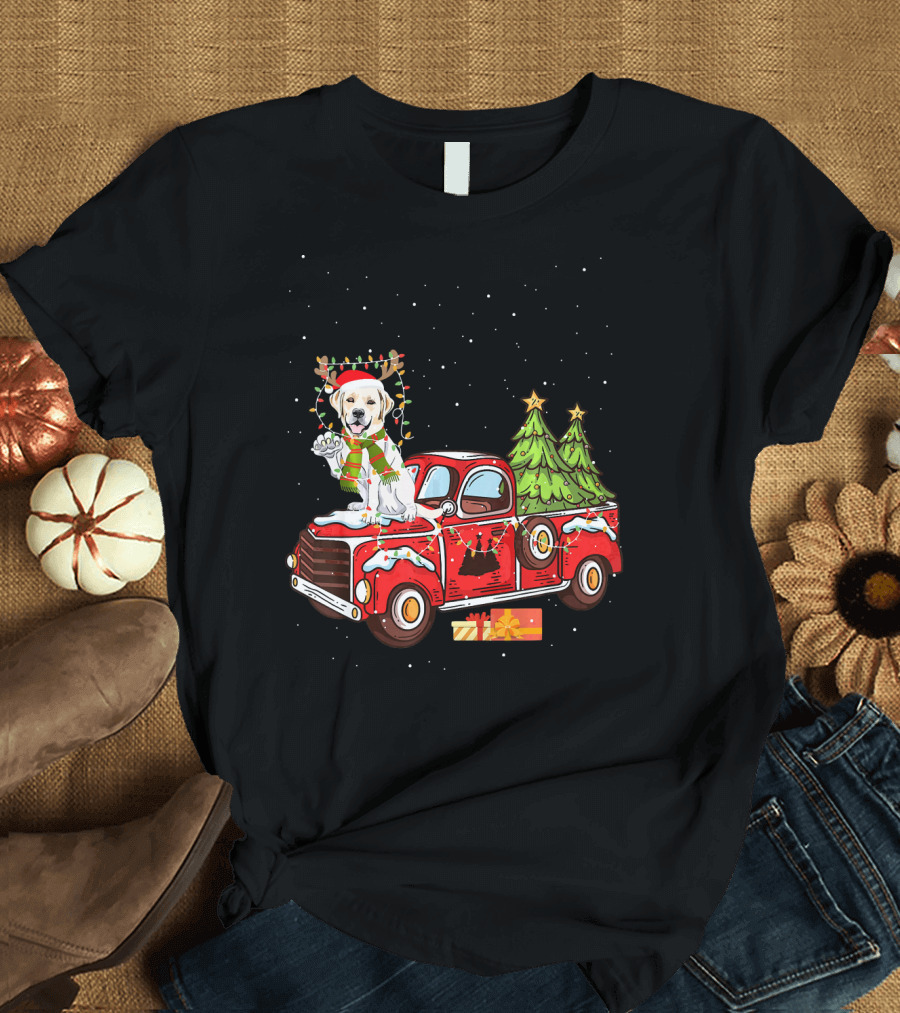 Labrador Retriever with Reindeer Antlers on Festive Christmas Truck with Trees and Gifts T-Shirt