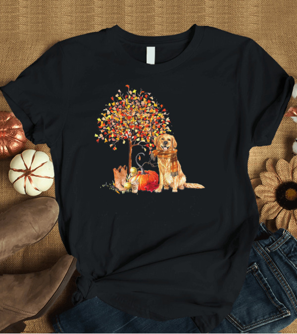 T-Shirt: Golden Retriever Scarf Fall Pumpkins Leaves Tree T-Shirt Golden Retriever Scarf Fall Pumpkins Leaves Tree T-Shirt