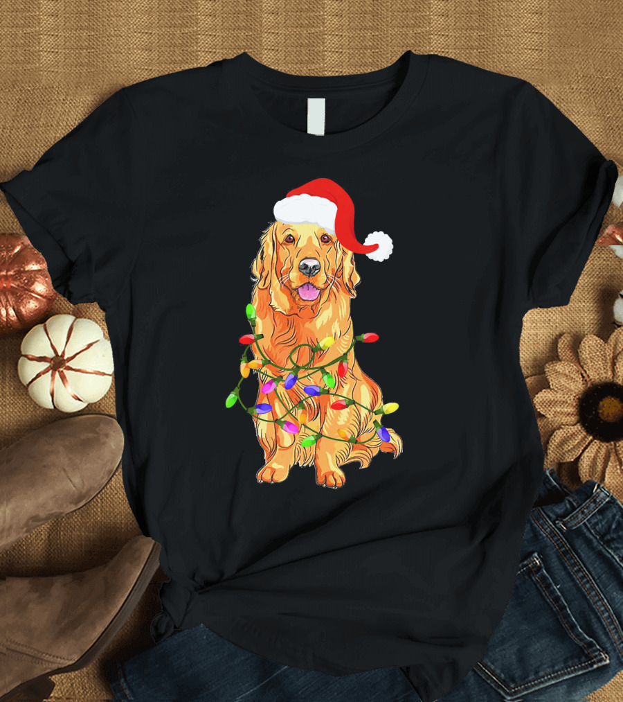 Golden Retriever Christmas Lights Cute Dog with Santa Hat T-Shirt