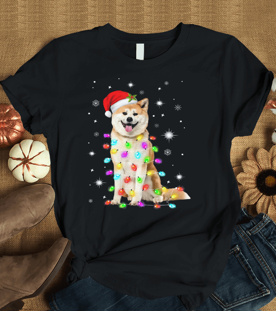 Christmas With Akita Dog Funny Dog Santa Hat and Holiday Lights T-Shirt
