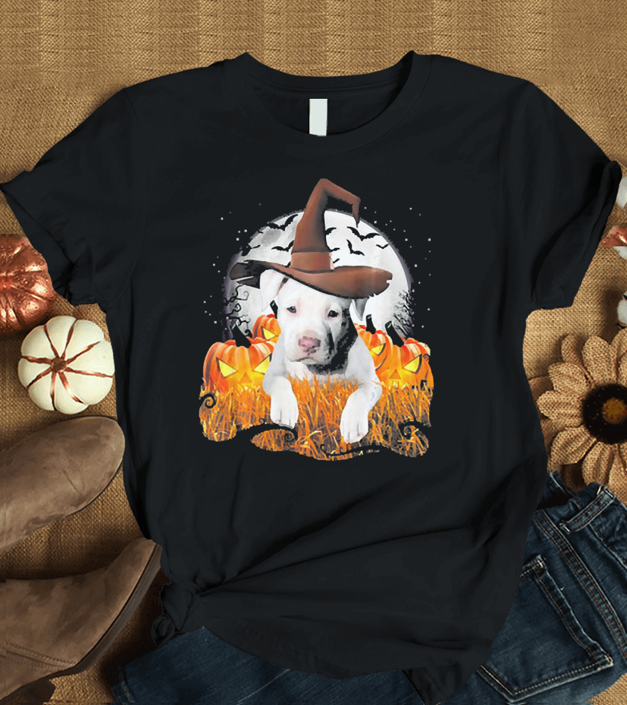 Cute White Pit Bull Dog Witch on Halloween Pumpkin Patch Night Scene T-Shirt