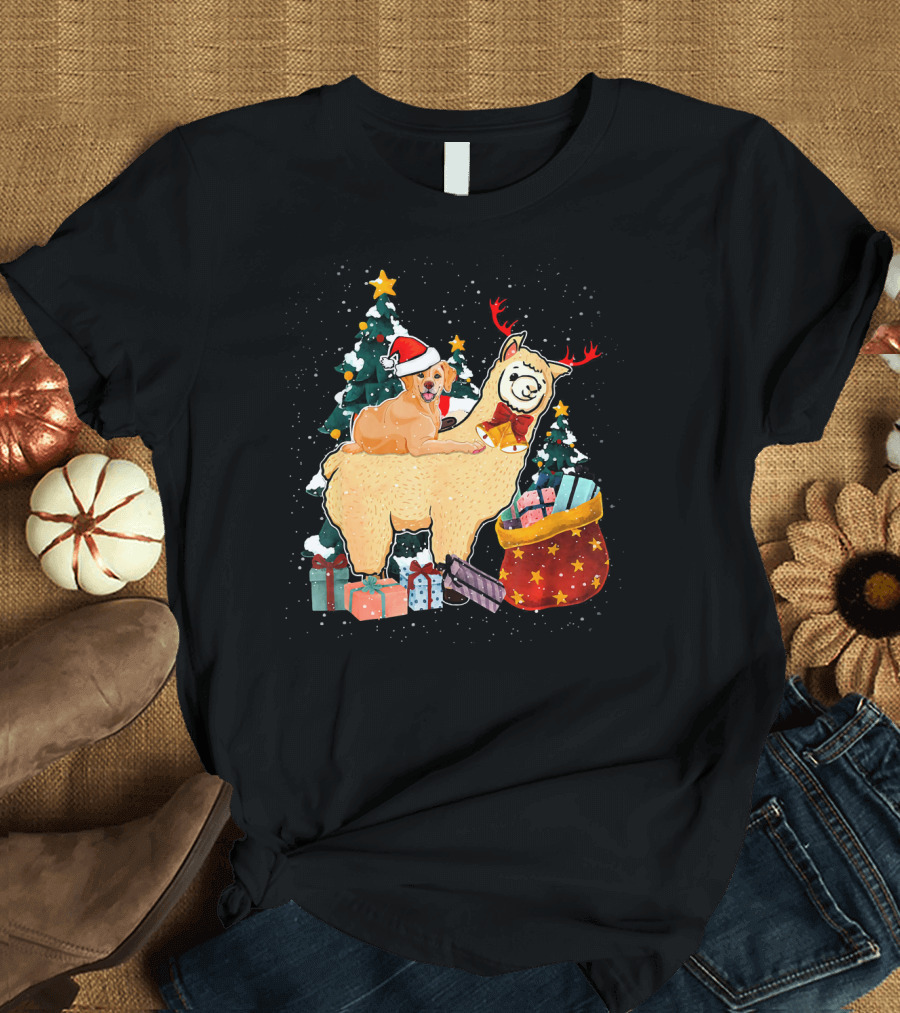 Golden Retriever Santa Riding Llama with Gifts and Christmas Trees T-Shirt