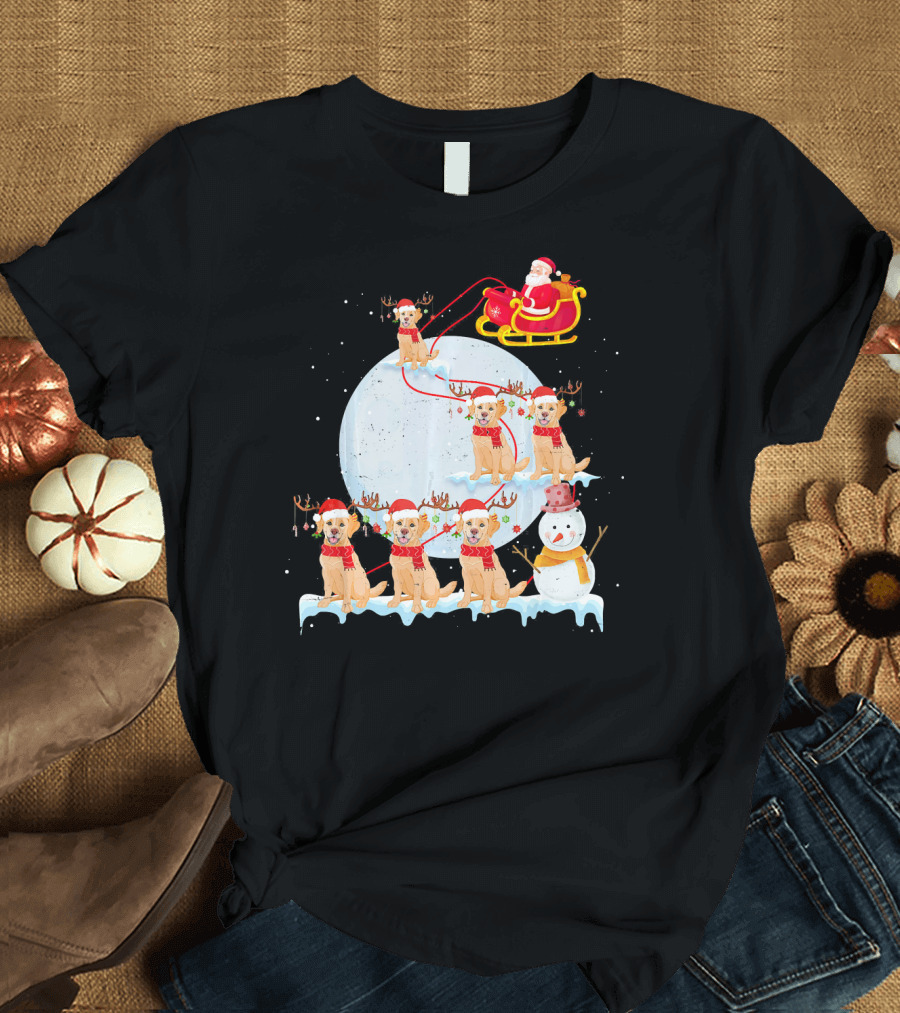 Golden Retriever Christmas Reindeer with Santa Sleigh and Snowman T-Shirt
