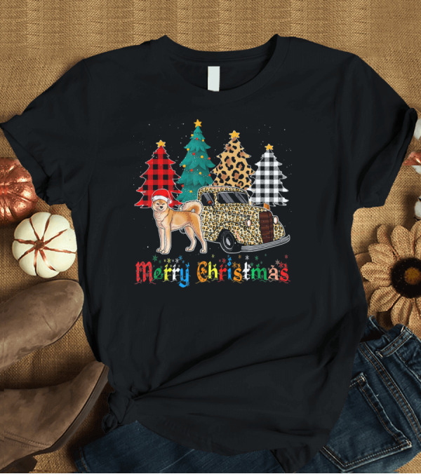 T-Shirt: Merry Christmas Akita with Leopard Plaid Truck and Festive Trees T-Shirt Merry Christmas Akita with Leopard Plaid Truck and Festive Trees T-Shirt