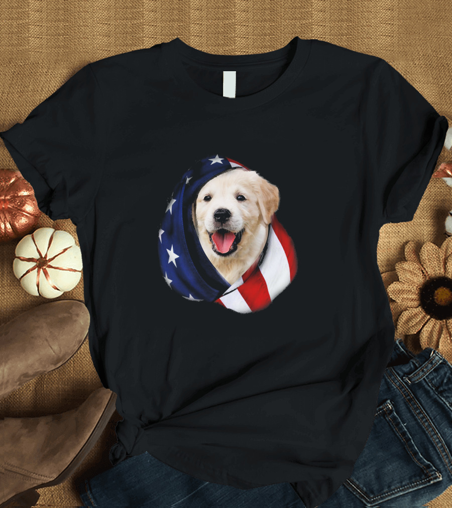Golden Retriever Wrapped in American Flag Stars and Stripes USA T-Shirt