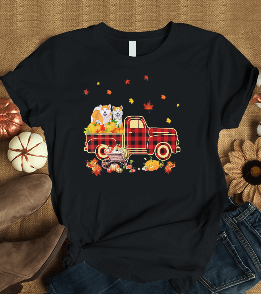 Akita Dogs Plaid Truck with Pumpkins and Fall Leaves T-Shirt