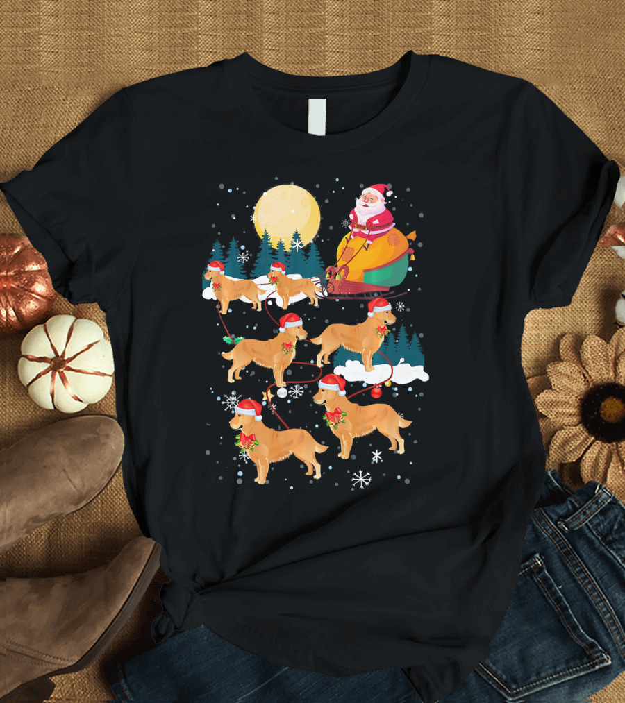 Santa Sleigh with Golden Retriever Reindeer Under Full Moon T-Shirt