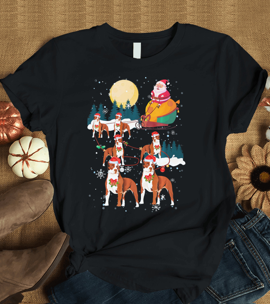 Santa Claus Sled with Pit Bull Reindeer and Christmas Snowflakes T-Shirt