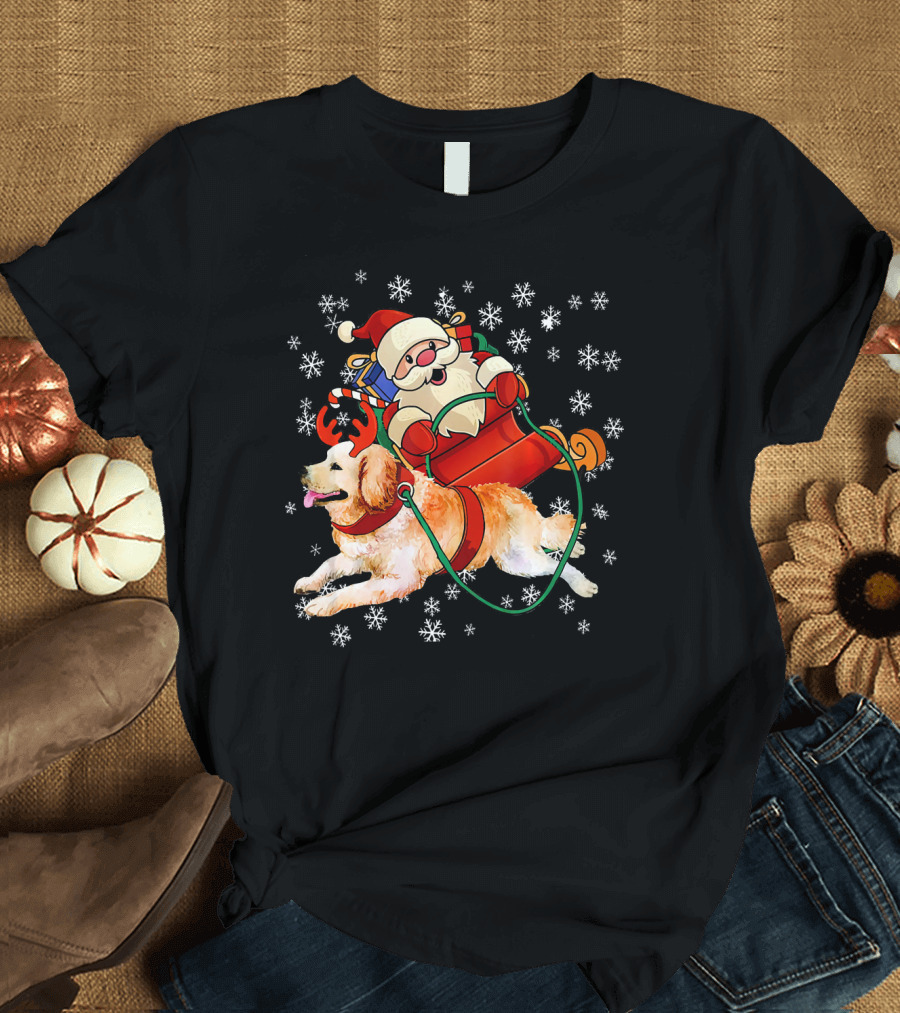 Santa Sleigh Ride with Golden Retriever Reindeer Snowflakes T-Shirt
