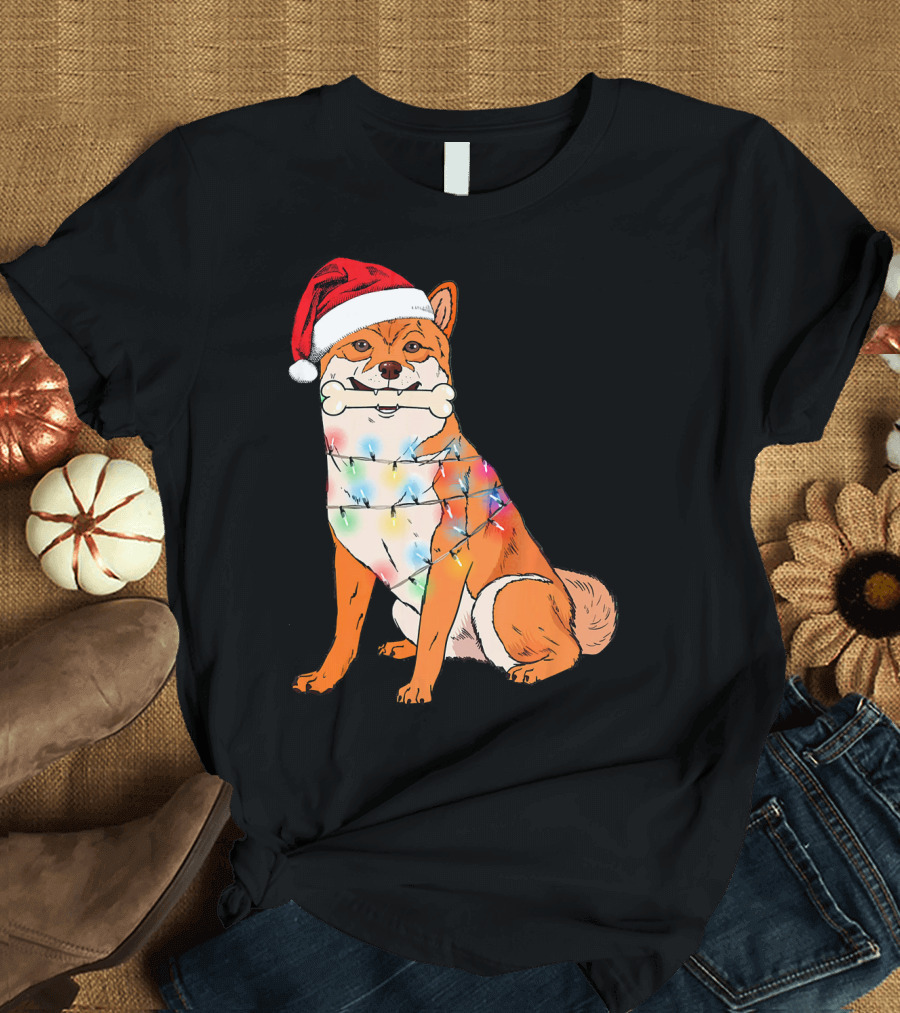Akita Inu with Santa Hat and Christmas Lights Holding Bone T-Shirt