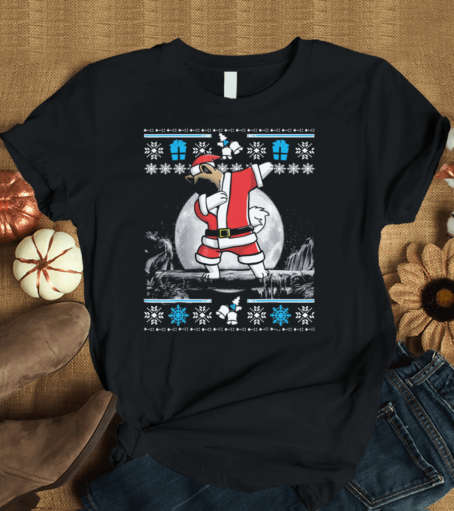 Akita Dog Dabbing in Santa Claus Outfit with Moon and Snowflakes T-Shirt
