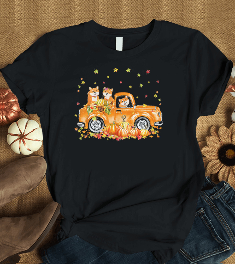 Akita Inu in Vintage Truck with Pumpkins and Autumn Leaves T-Shirt