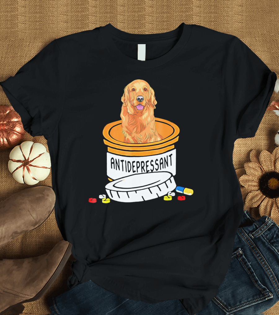 Antidepressant Golden Retriever in Prescription Pill Bottle with Medication Capsules T-Shirt