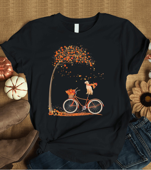 T-Shirt: Dog Leaf Fall Autumn Cycling Funny Golden Retriever on Bicycle T-Shirt Dog Leaf Fall Autumn Cycling Funny Golden Retriever on Bicycle T-Shirt