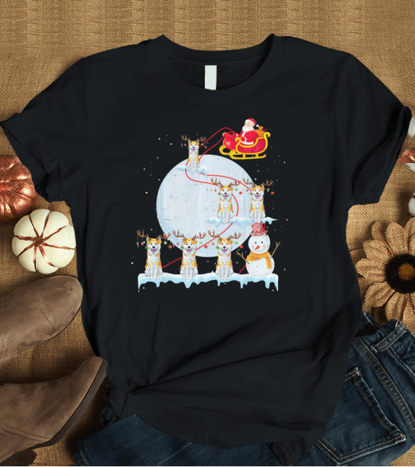 T-Shirt: Funny Akita Christmas Santa Riding Akita Dogs in Sleigh Scene T-Shirt Funny Akita Christmas Santa Riding Akita Dogs in Sleigh Scene T-Shirt