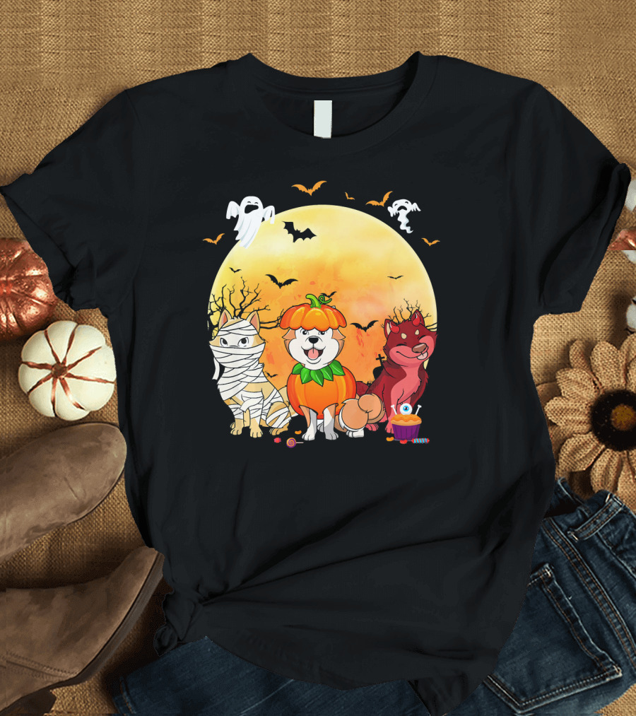 Akita Inu Dog Mummy Pumpkin Devil Halloween Ghosts Bats Cupcake T-Shirt