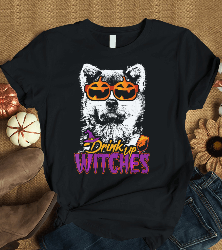Akita Halloween Drink Up Witches Pumpkin Sunglasses T-Shirt