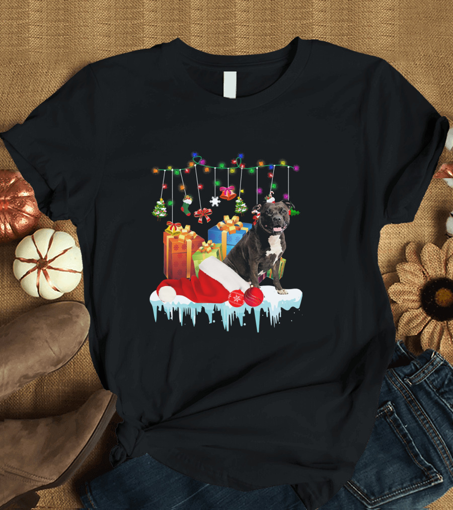 Funny Pit Bull Sitting with Santa Hat and Christmas Gifts T-Shirt