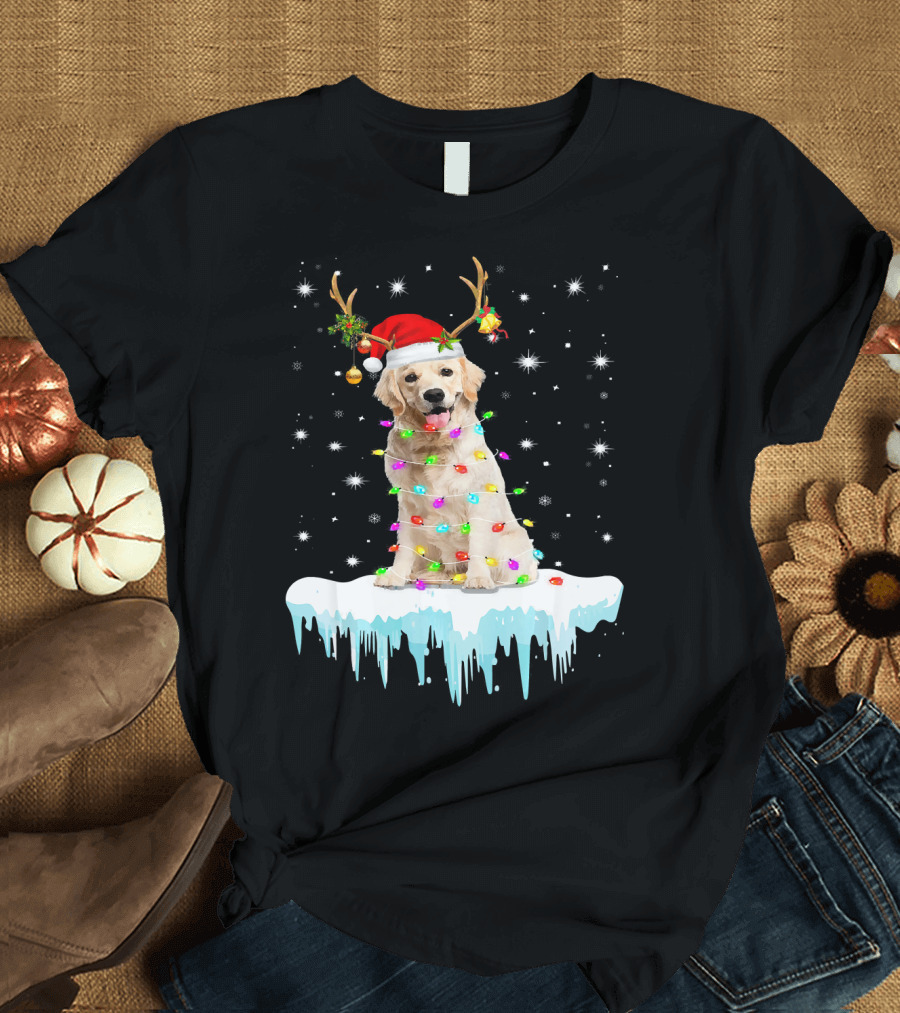 Golden Retriever Santa Hat Reindeer Horn Christmas Lights Snowflakes T-Shirt