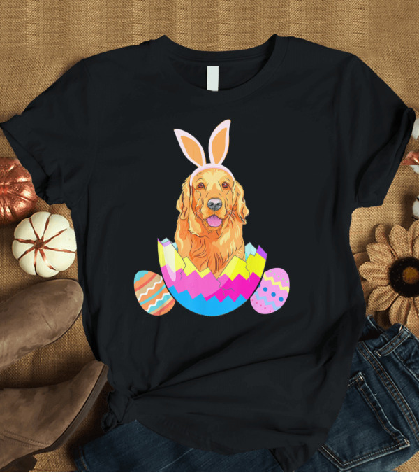 T-Shirt: Golden Retriever in Bunny Ears Inside Colorful Easter Egg T-Shirt Golden Retriever in Bunny Ears Inside Colorful Easter Egg T-Shirt