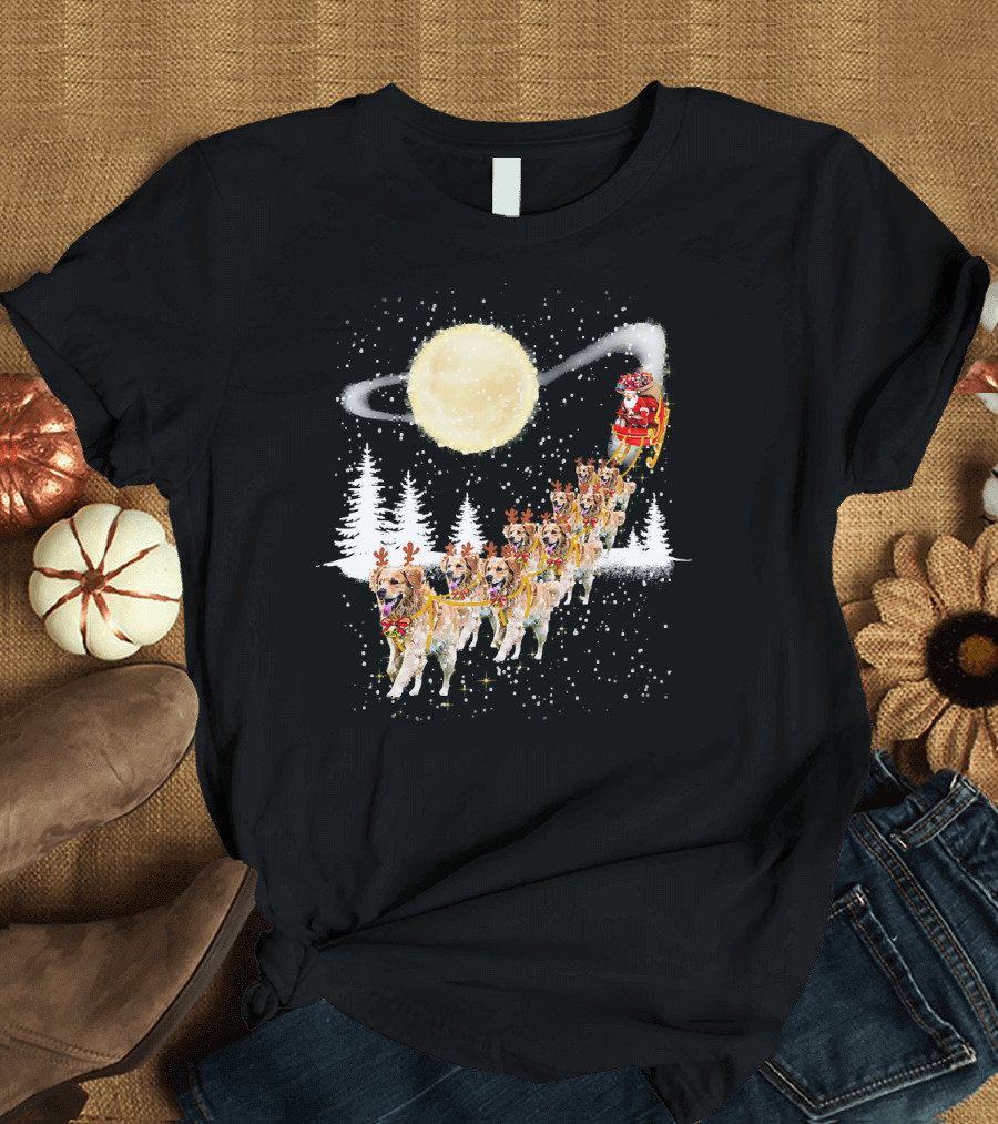 Santa's Sleigh with Golden Retriever Reindeer Under Full Moon T-Shirt