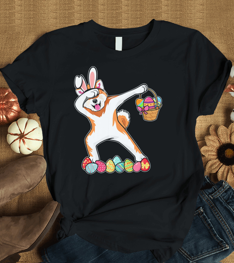 Akita Dab Easter Bunny Costume with Basket of Eggs T-Shirt