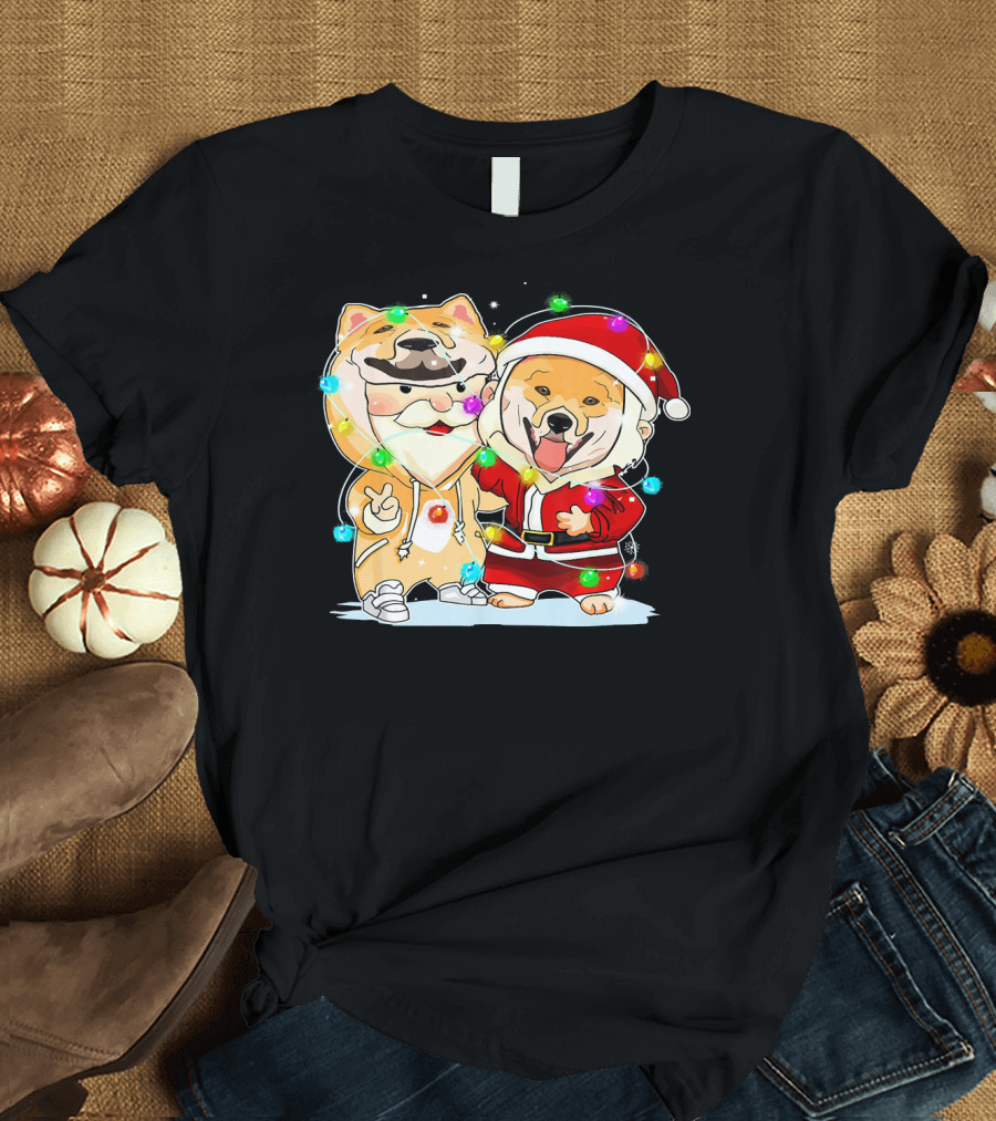 Funny Akita Christmas Lights and Santa Suit Duo T-Shirt