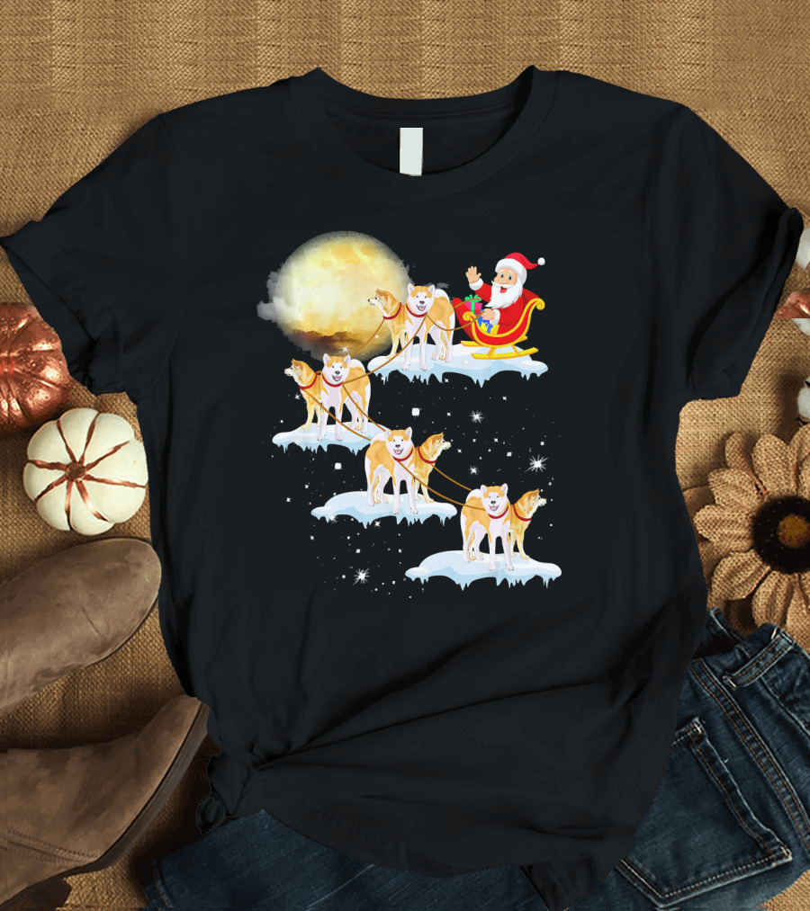 Santa Sleigh with Akita Inu Dogs in Christmas Night Sky T-Shirt