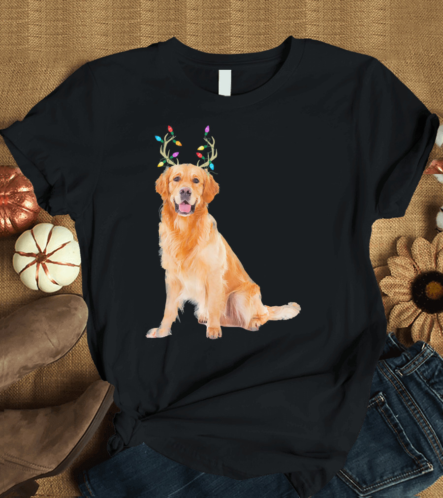 Golden Retriever Christmas Dog with Reindeer Antlers and Lights T-Shirt