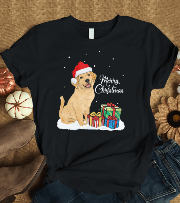 T-Shirt: Merry Christmas Cute Golden Retriever with Santa Hat and Presents T-Shirt Merry Christmas Cute Golden Retriever with Santa Hat and Presents T-Shirt