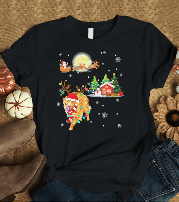 T-Shirt: Golden Retriever Reindeer with Santa and Festive Christmas Scene T-Shirt Golden Retriever Reindeer with Santa and Festive Christmas Scene T-Shirt
