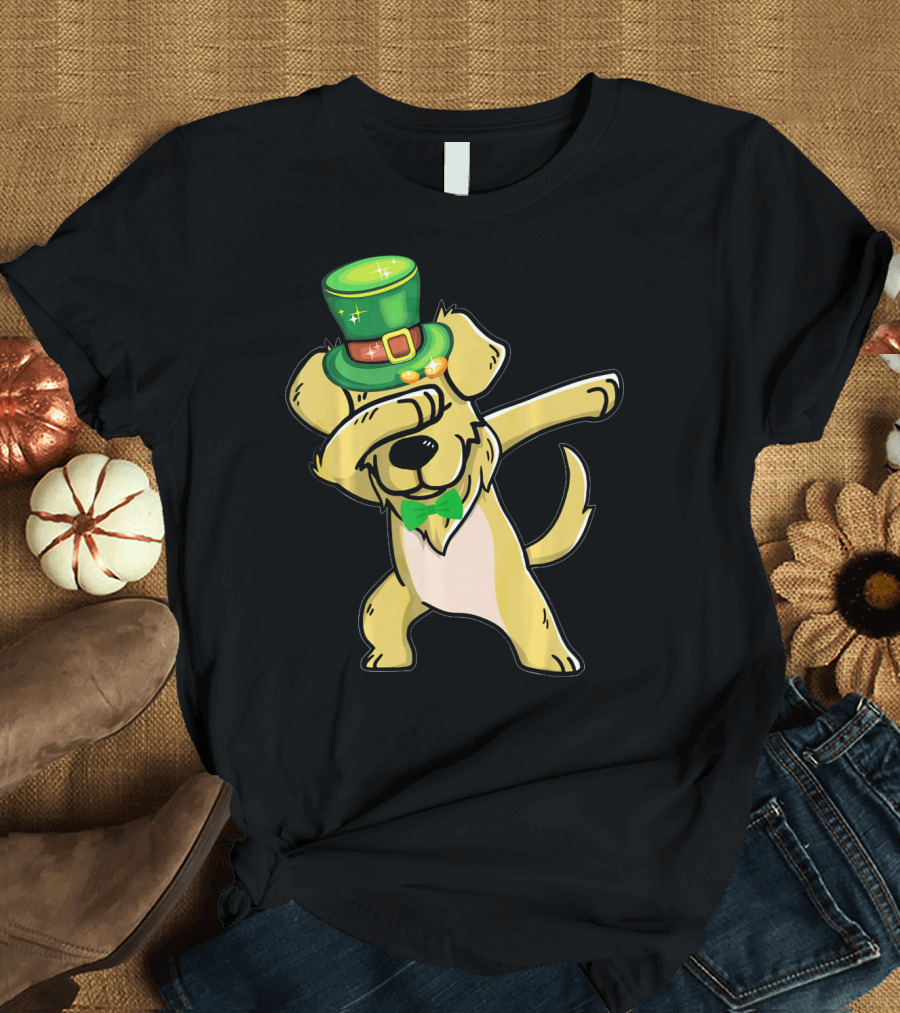 Dabbing Golden Retriever Shamrock St Pat’s Day Green Hat and Bow Tie T-Shirt