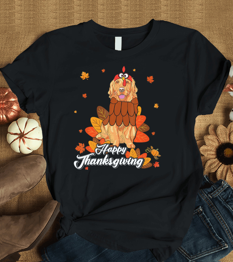 Happy Thanksgiving Golden Retriever Turkey Costume with Autumn Leaves T-Shirt