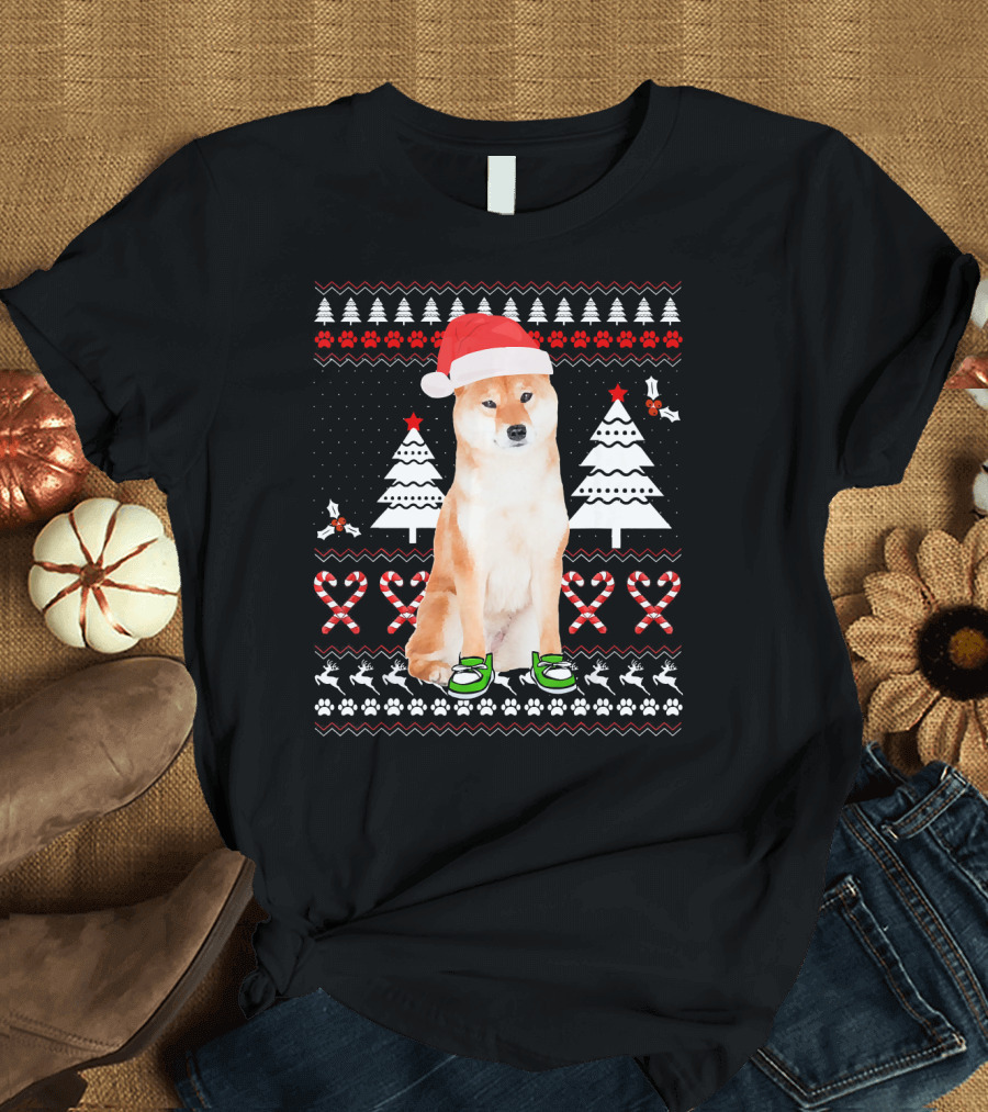Akita Dog Ugly Christmas Sweater Santa Hat Candy Cane Paw Prints T-Shirt