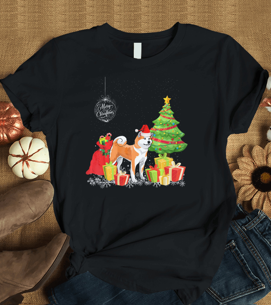 Merry Christmas Akita with Santa Hat and Presents Under Christmas Tree T-Shirt