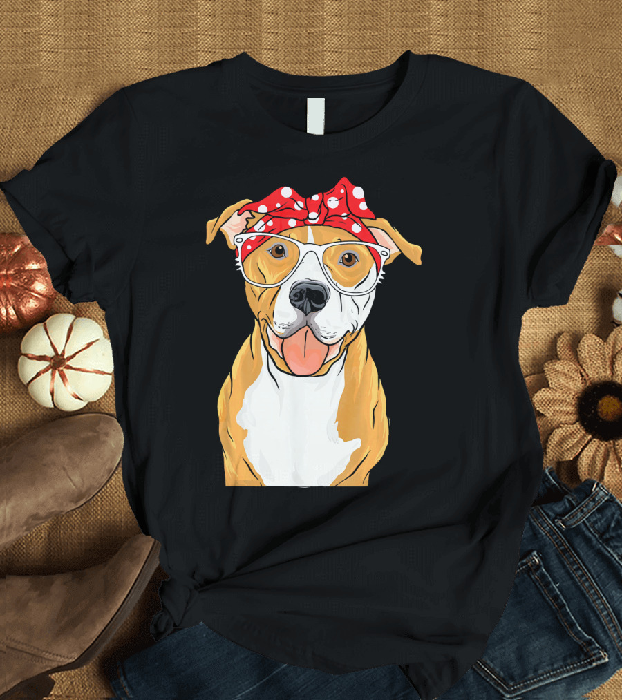 Brown Pitbull with Red Polka Dot Bandana and Glasses T-Shirt