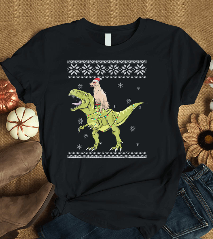 Golden Retriever in Santa Hat Riding T-Rex with Christmas Lights Snowflake T-Shirt