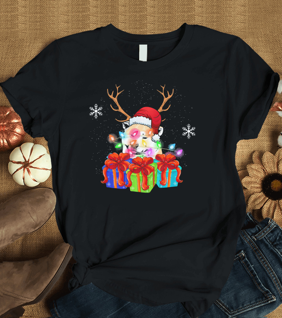 Akita Dog Christmas Antlers Santa Hat Lights Presents T-Shirt
