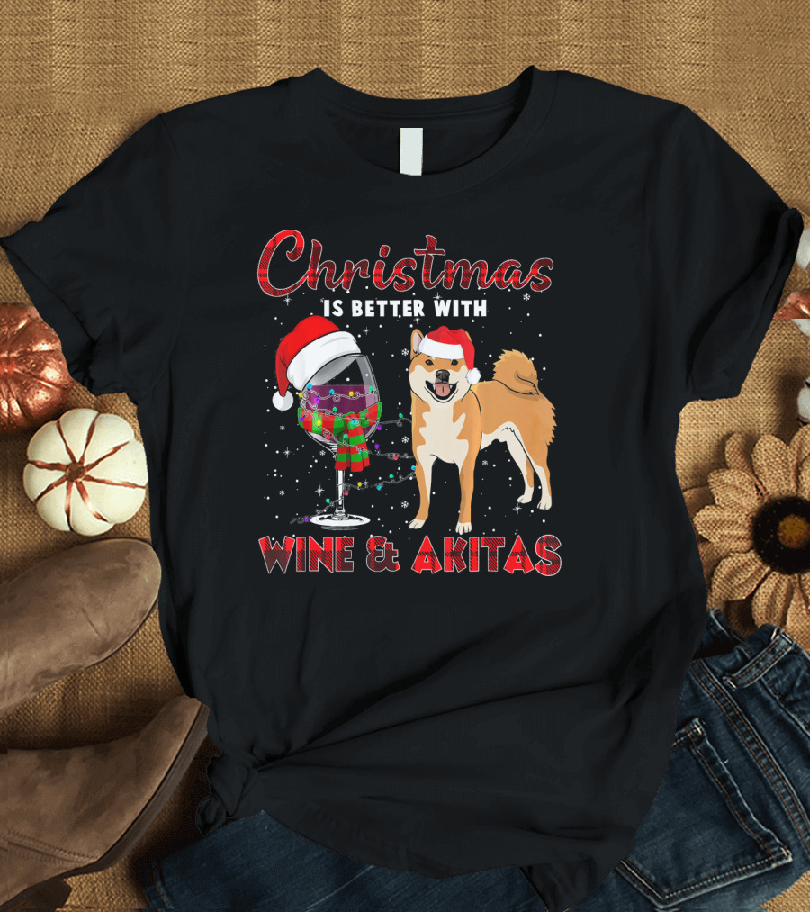 Christmas Is Better With Wine and Akitas Santa Hat Snowflakes T-Shirt