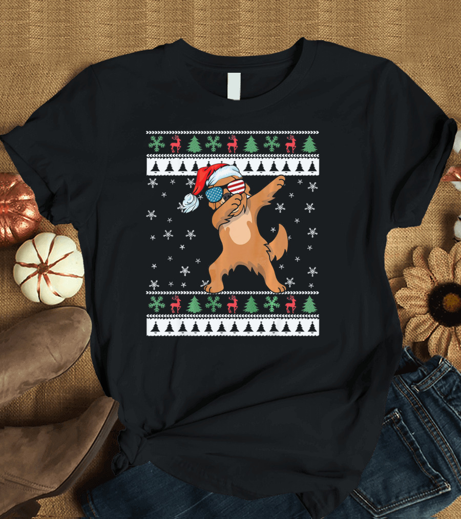 Dabbing Golden Retriever Lover Ugly Christmas Sweater Patriotic Santa Hat T-Shirt
